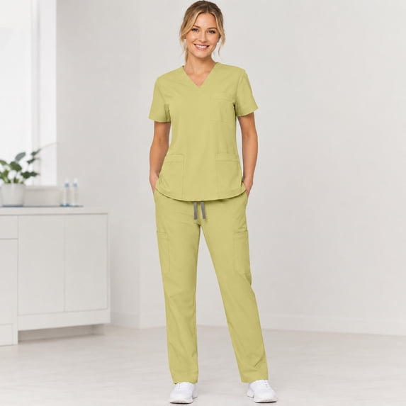Scrubs For Women Set Classic V Neck 3 Pocket Scrub Top & Drawstring Straight Leg Cargo Pants,Stretch Breathable Nursing Uniform Yellow L