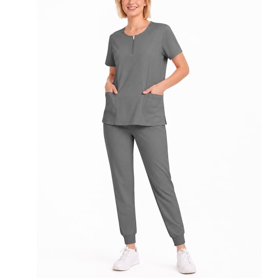 Scrubs For Women Set Crewneck 2 Pockets Short Sleeve Scrub Top & Elastic Waist Jogger Pants Wrinkle Resistant Soft Simplicity Nurse Uniform