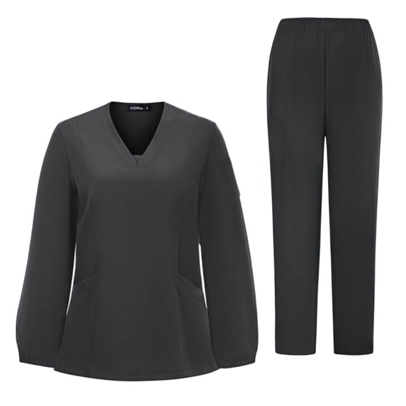 Scrubs For Women Set Long Sleeve V Neck Elastic Cuff Straight Leg Work Pants Stretch Wrinkle Resistant Nursing Uniform 2 Piece Set Black L