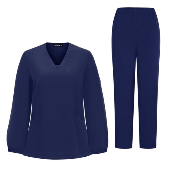 Scrubs For Women Set Long Sleeve V Neck Elastic Cuff Straight Leg Work Pants Stretch Wrinkle Resistant Nursing Uniform 2 Piece Set