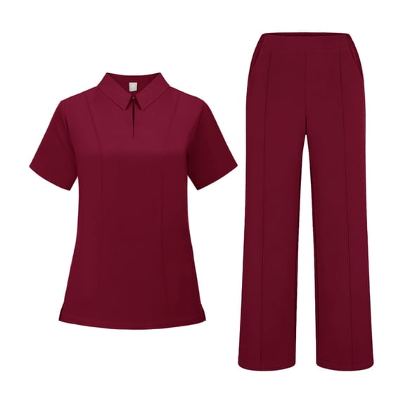 Scrubs For Women Set Short Sleeve Polo Shirt & Vertical Wide Leg Pants Soft Cozyfit Scrubs For Women Red XL