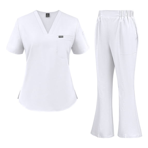 Scrubs For Women Set Slim V Neck Short Sleeve Top & Flared Split Hem Pants Stretch Wrinkle Resistant Breathable Nursing Uniform White M