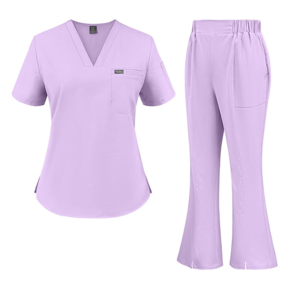 Scrubs For Women Set Slim V Neck Short Sleeve Top & Flared Split Hem Pants Stretch Wrinkle Resistant Breathable Nursing Uniform Gray XL