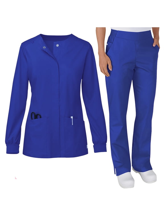 Scrubs For Women Set Snap Front Long Sleeve Scrub Tops Elastic Waist Split Flare Pants Cozy Breathable Quick Drying Sets Blue M
