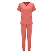 Scrubs For Women Set Stretchy Plus Size Short Sleeve V-Neck Tops Pants joggers Tall Nursing Working Uniform