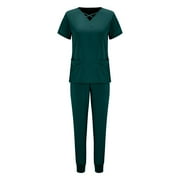 ASFGIMUJ Scrubs For Women Set Stretchy Plus Size Short Sleeve V-Neck Tops Pants joggers Tall Nursing Working Uniform