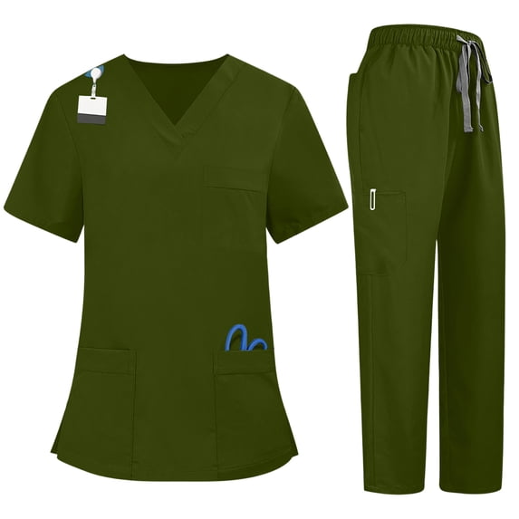 Scrubs For Women Set V Neck 3 Pocket Scrub Tops And Straight Pants Soft Cozy Breathable Quick Drying Nurse Sets Green L
