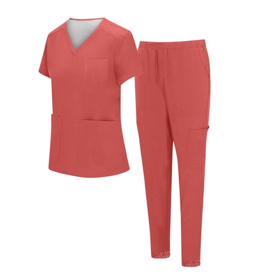 Scrubs For Women Set V Neck Multi Pocket Top & Elastic Waist Tapered Jogger Pants Wrinkle Resistant Lightweight Nurse Uniforms Women Set