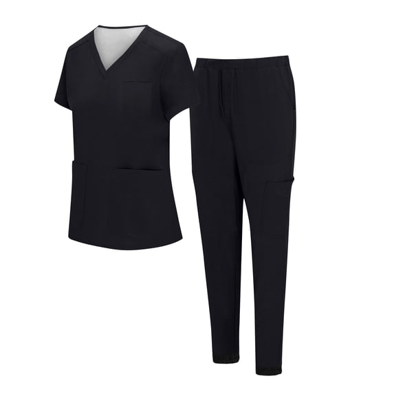 Scrubs For Women Set V Neck Multi Pocket Top & Elastic Waist Tapered Jogger Pants Wrinkle Resistant Lightweight Nurse Uniforms Women Set