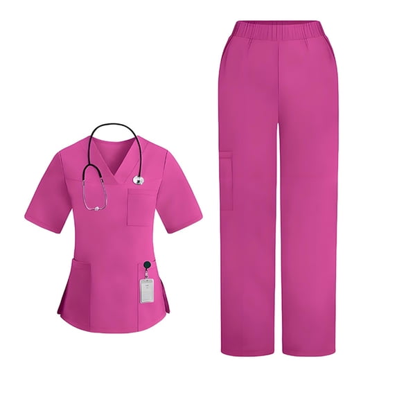 Scrubs For Women Set V Neck Short Sleeve With 3 Pockets Side Slit Hem Top & Elastic High Waist Straight Leg Pants Cozy Breathable Workwear For Nurses