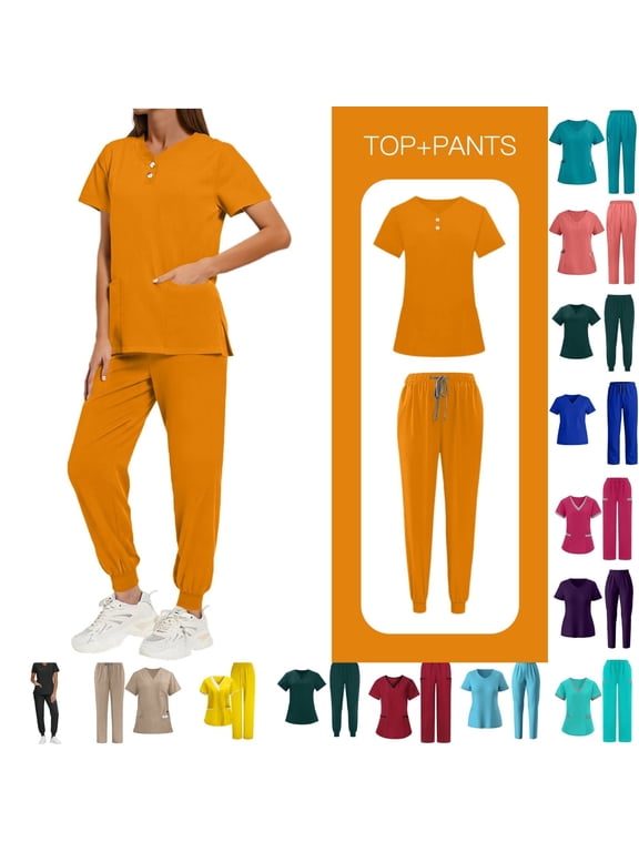 Scrubs For Women Set V-Neck Top & Pants Medical Scrubs Nurse Uniform Clinical Modern Suit with Pockets,XXL,D-Orange