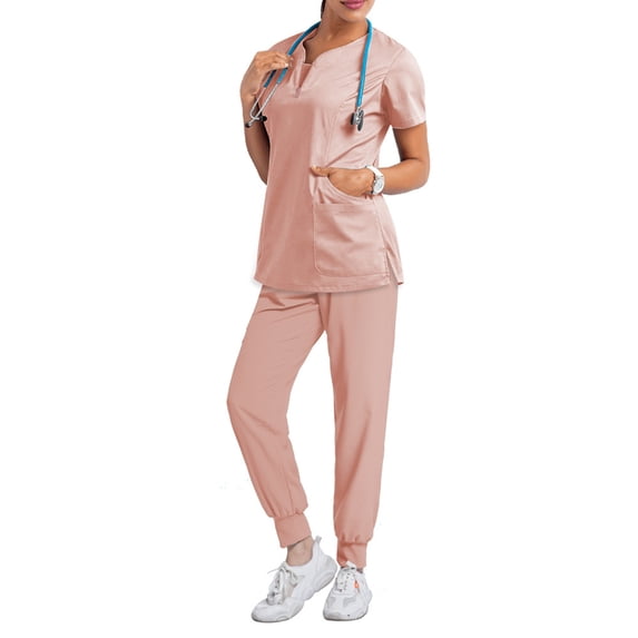 Scrubs For Women Set Zip V Neck With Multi Pockets Top And Jogger Pants Cozy Nurse Uniforms Women Set Pink S