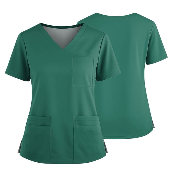 Scrubs For Women Solid Short Sleeve With Multi Pockets Scrub Top V Neck Breathable Cozy Nurse Uniform Green#1 L