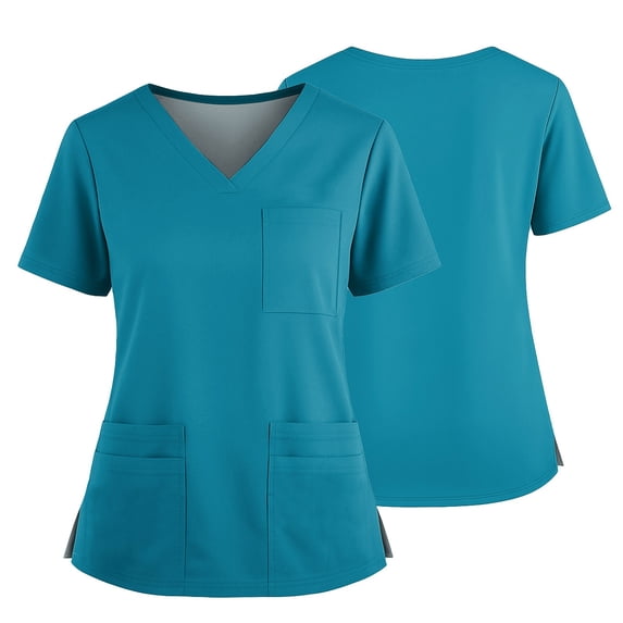 Scrubs For Women Solid Short Sleeve With Multi Pockets Scrub Top V Neck Breathable Cozy Nurse Uniform Green#2 2XL