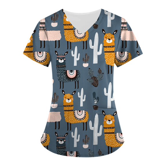 Scrubs For Women Stretch V Neck Pattern Short Sleeve Nurse Tops Cute Animal Print Nursing Top With Pockets