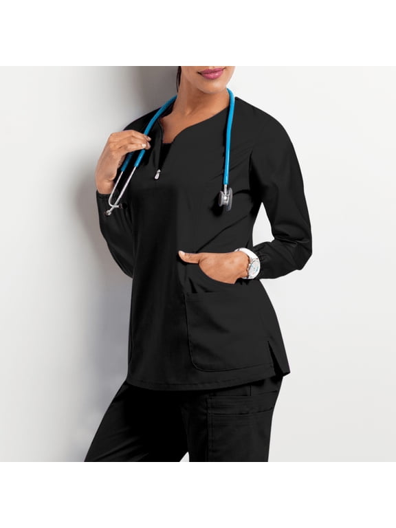 Scrubs For Women Tops 4 Pockets V Neck Long Sleeve Scrub Top Breathable Quick Drying Nurse Uniform Black M