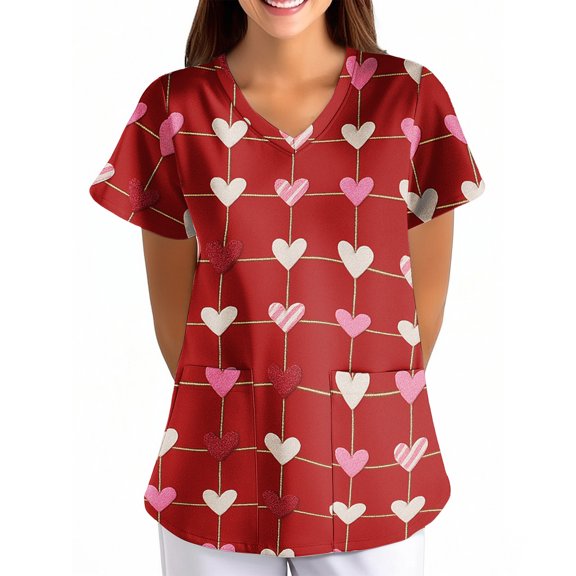 Scrubs For Women,Women's Valentine's Day Printed Loose-Fit V-Neck Pocket Short-Sleeve Nursing Scrubs Top - Light pink - M
