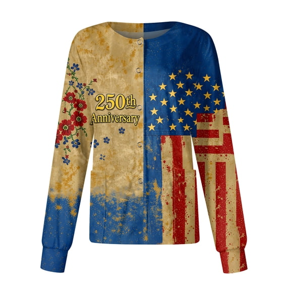 Scrubs Jackets for Women Usa Flag Graphic Print Medical Nurse Uniforms Casual Long Sleeve Crew Neck Scrub Top Trendy Independence Day Tops