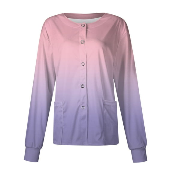 Scrubs Long Sleeve Workwear With Two Pockets Snap Front Printed Crew Neck Jacket Top