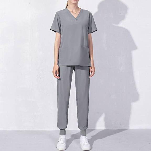 Scrubs Matching Set for Women Nurse Uniform Jogger Suit V-Neck Scrub Top & Jogger Pant with Pockets for Nurse Workwear