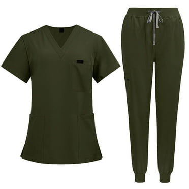 Scrubs Medical Uniform Mens Scrub Set Medical Scrubs Top and Pants Army Green S