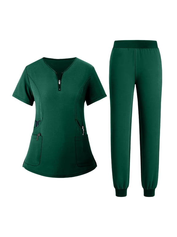 Scrubs Medical Uniform Women Scrubs Set-Zipper Medical Scrubs Top and Pants Dark Green 2XL