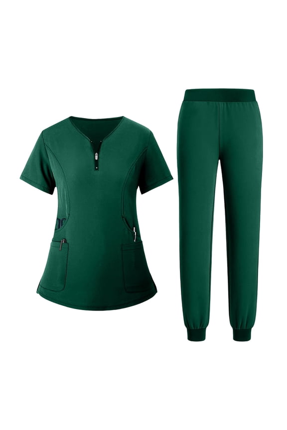 Scrubs Medical Uniform Women Scrubs Set-Zipper Medical Scrubs Top and Pants Dark Green 2XL