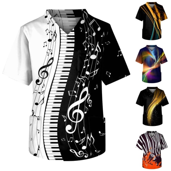 Scrubs for Men Classic Fit Printed Mens Scrubs Top V Neck Short Sleeve Nursing Uniform Shirt with Pockets Plus Size Print Pattern Scrub Tee Soft Comfortable Work Top Blue 2XL