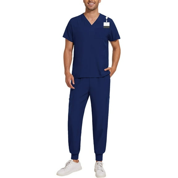 Scrubs for Men Set 2026 Spring Summer V-Neck Scrub Top & Jogger Scrub Pants Stretch Nursing Workwear Quick Dry Medical Uniform with Multi Pocket for Doctors, Nurses Dark Blue 2XL