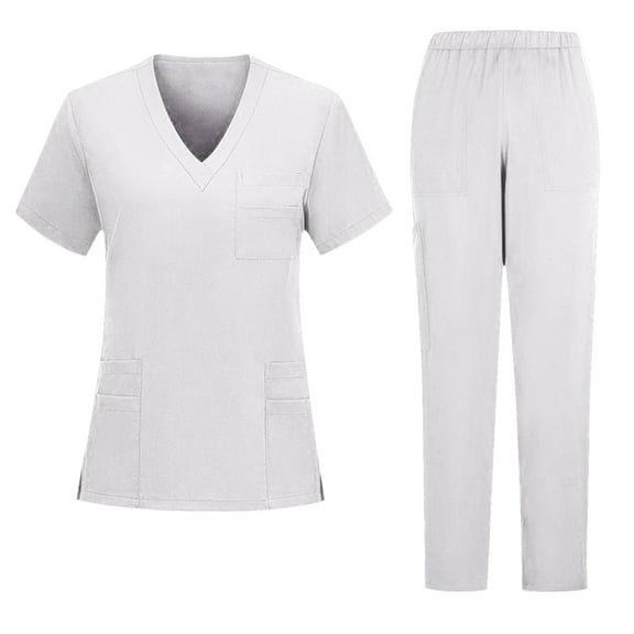 Scrubs for Men Set Comfortable V-Neck Scrub Top & Jogger Pant Quick Dry Nursing Workwear Stretch Working Uniforms with Multi Pocket for Nurse Esthetician White 2XL