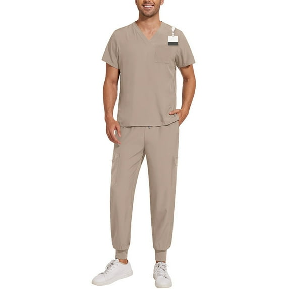 Scrubs for Men Set, Modern V-Neck Scrub Top & Jogger Scrub Pants with Multi Pockets Professionals Soft Stretch Athletic Nursing Uniform Workwear (Khaki)