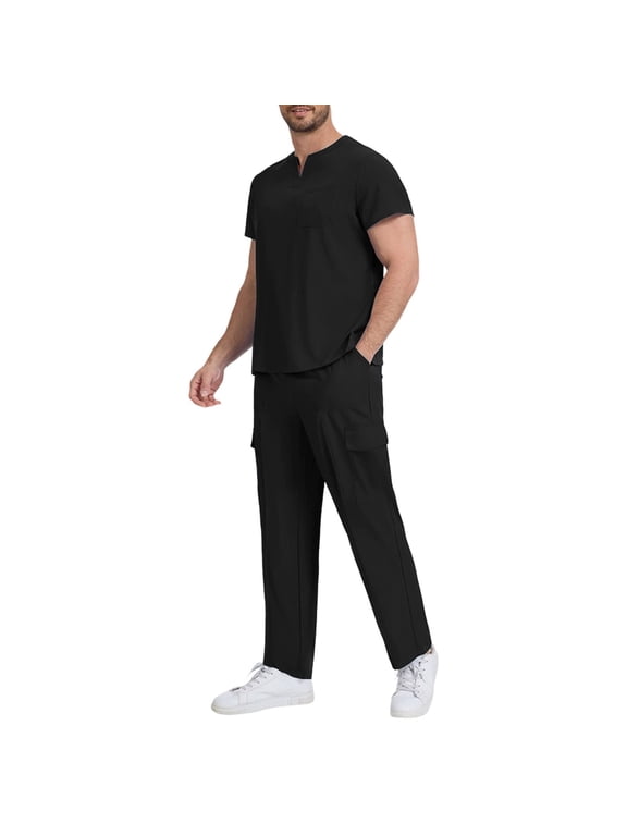 Scrubs for Men Set V Neck Short Sleeve Nursing Work Uniform Scrub Top and Pants Two Piece Set Mens Summer Solid Lightweight Comfy Soft Scrub Matching Set