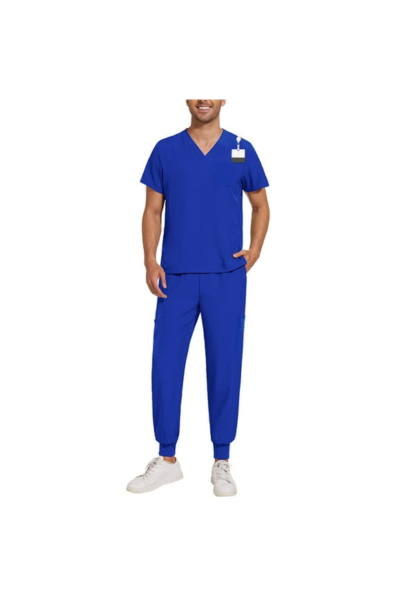 Scrubs for Men Sets 2026 Spring Summer V-Neck Scrub Top and Jogger Pants Quick Dry Nursing Workwear Stretch Uniform Suits with Multi Pocket for Doctors, Nurses Royal Blue M
