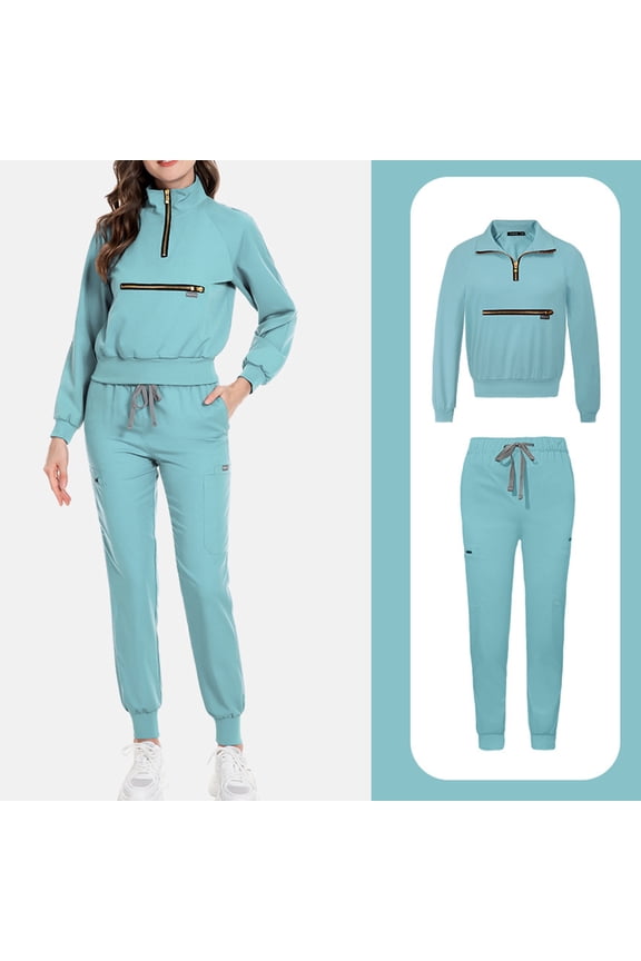 Scrubs Pants For Women,Scrub for Women Set-Long Sleeve Scrub Top with Zipper & Jogger Pants Medical Uniform Suit - Light Blue - XS
