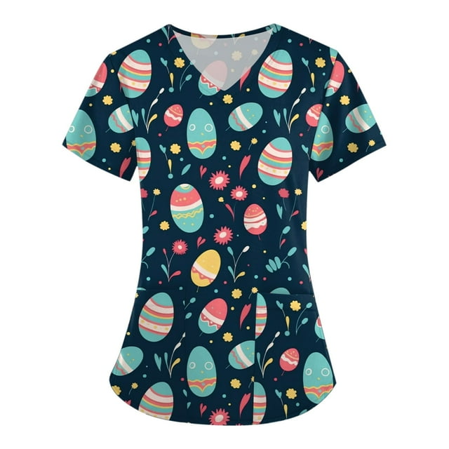 Scrubs Park Fun Cropped Tees for Women Easter Short Sleeve Stretch Pleated T Shirts
