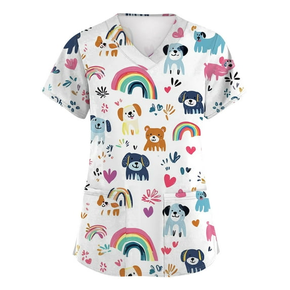 Scrubs Petite Women,Animal Ribbon Print Nurse Tops - Stretchy V-Neck Scrub Shirts with Hidden Pen Pocket - Khaki - XXXL