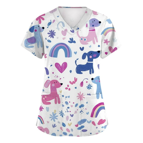 Scrubs Petite Women,Animal Ribbon Print Nurse Tops - Stretchy V-Neck Scrub Shirts with Hidden Pen Pocket - White - L