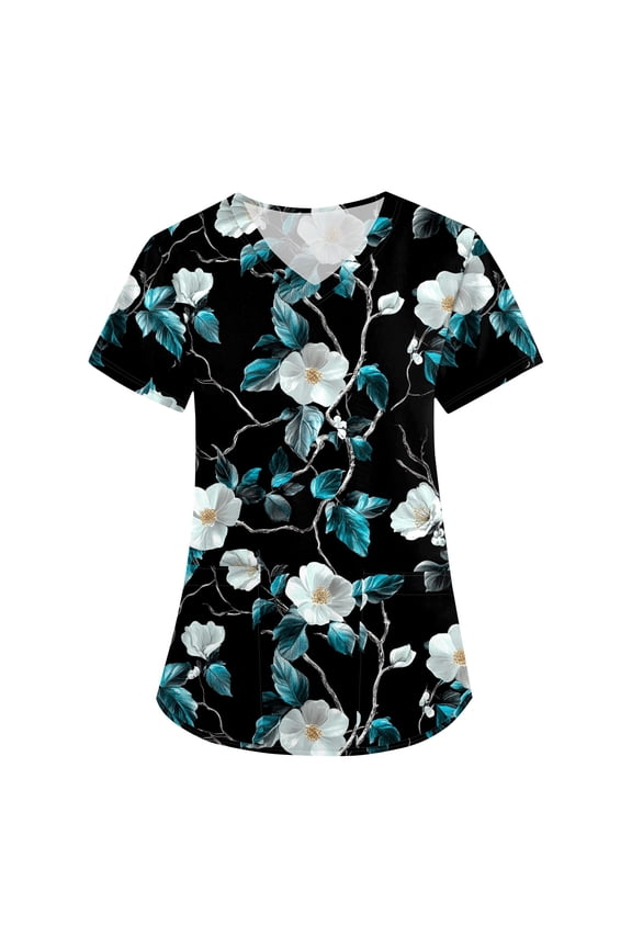Scrubs Petite Women,Floral Print Medical Tops - Quick-Dry Scrub Blouse with Utility Pockets - Light Blue - L
