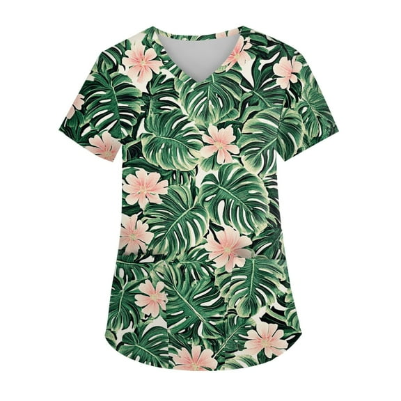 Scrubs Petite Women,Hawaiian Floral Nurse Tops - Lightweight Short Sleeve Scrub with Chest Pocket - Green - XL