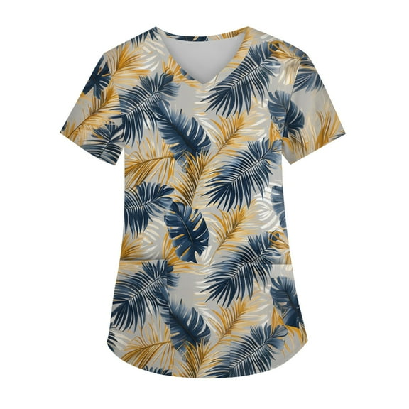 Scrubs Petite Women,Hawaiian Print Scrub Tops - Stretch V-Neck with Reinforced Pockets for Medical Use - Royal Blue - XXXXL