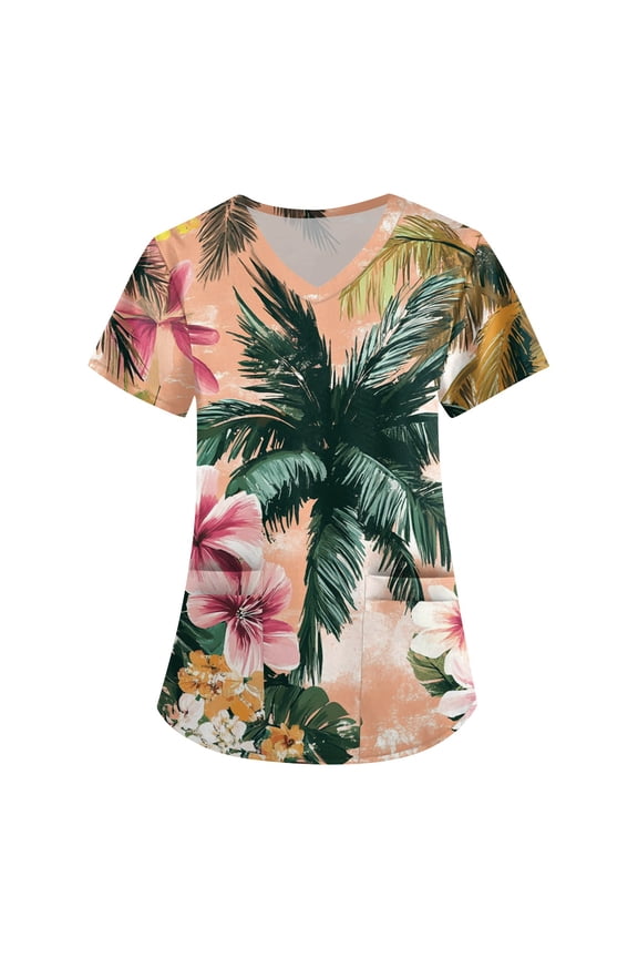 Scrubs Petite Women,Hawaiian Print Scrubs Tops for Women - V-Neck Short Sleeve Nursing Uniform with Pocket - Army Green - L