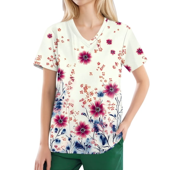 Scrubs Petite Women,Women's V-Neck Scrub Tops Short Sleeve with Pockets - Floral Printed Nurse Medical Work Uniform Blouse - Pink - XXXXXL