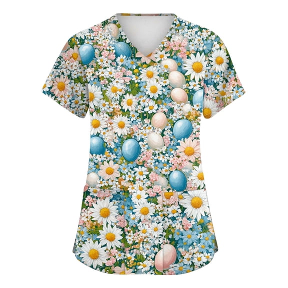 Scrubs Plus Size，Easter Scrub Tops Women Plus Size Bunny Egg Hunt Print Short Sleeve V Neck Stretchy Holiday Nurse Working Uniform，Blue，XXXXL
