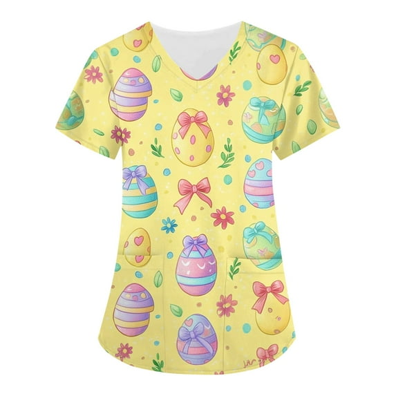 Scrubs Plus Size Women,Easter Scrub Tops Women Bunny Egg Hunt Print Scrubs Short Sleeve Holiday Working Uniform with Pockets,Yellow,XXXXL