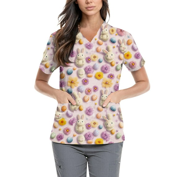 Scrubs Plus Size Women,Easter Scrub Tops Women Bunny Egg Hunt Print Short Sleeve V Neck Stretchy Holiday Nurse Working Uniform Scrubs Sets,Light Purple,S