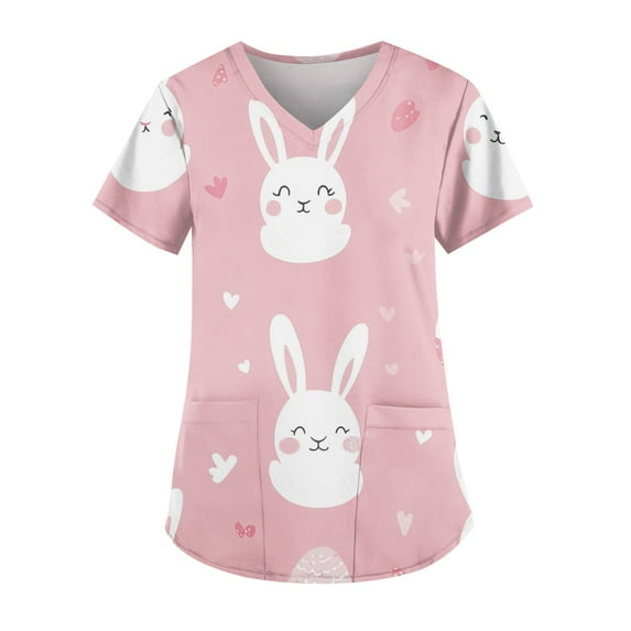Scrubs Plus Size Women,Womens Scrub Tops Cute Easter Print V Neck Short Sleeve Shirts Stretch Nurse Uniform Medical Scrubs with Pockets,Light pink,XXXL