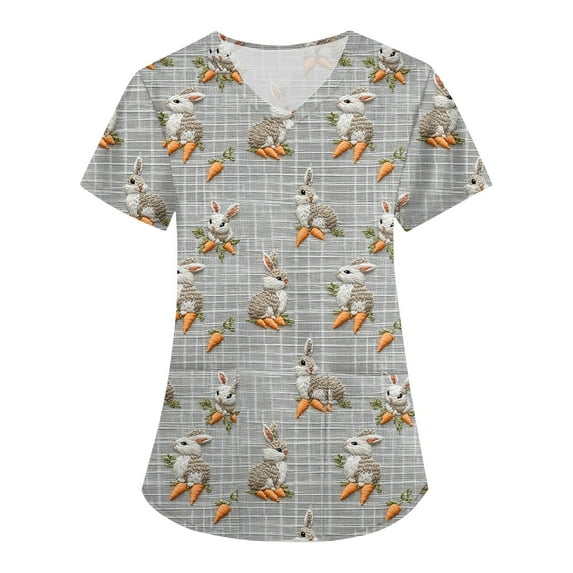 Scrubs Plus Size,Womens Scrub Tops - Short Sleeve V-Neck Easter Printed Scrub Top Women Uniform Shirts with Side Pockets,Light Gray,L