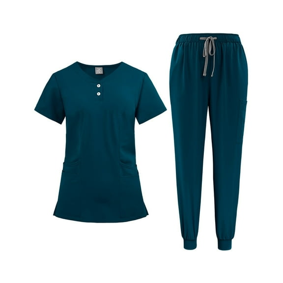 Scrubs Set Clearance Sales Solid Color V-Neck Short Sleeve Nurse Top Long Nurse Uniform Pants with Pocket Dark Green XL