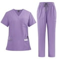 thumbnail image 1 of Scrubs Set Multiple Pockets V-Neck Top and Drawstring Scrub Pant - Medical Uniform Women Scrub Set Light Purple XL, 1 of 2