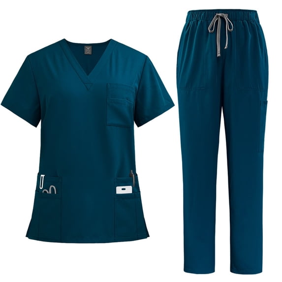 Scrubs Set Multiple Pockets V-Neck Top and Drawstring Scrub Pant - Medical Uniform Women Scrub Set Turquoise XL